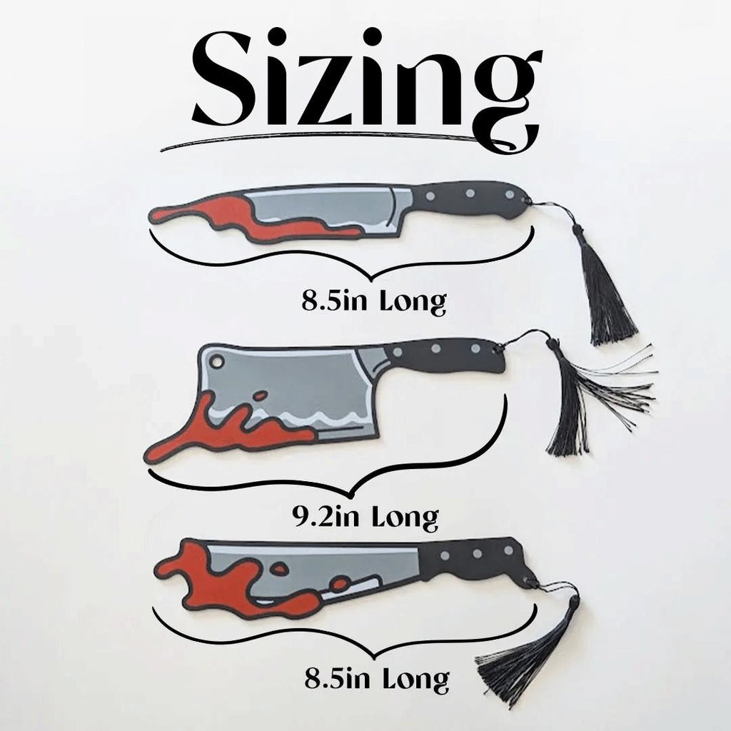 Illustrations of three different sizes of knives with measurements on a white background.
