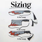 Illustrations of three different sizes of knives with measurements on a white background.