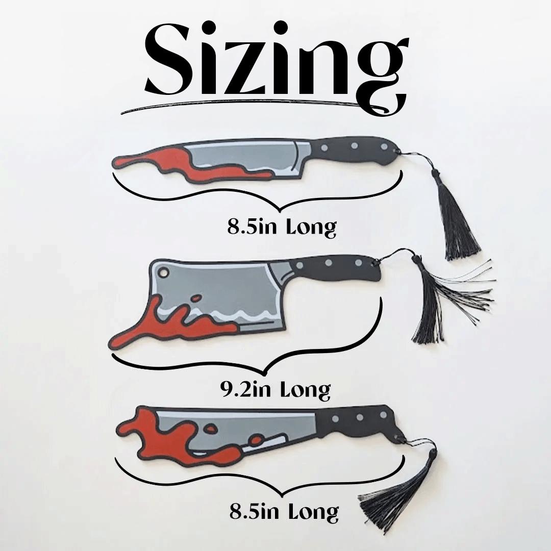 Illustrations of three different sizes of knives with measurements on a white background.